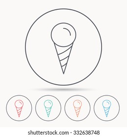 Ice cream icon. Sweet dessert in waffle cone sign. Frozen food symbol. Linear circle icons.