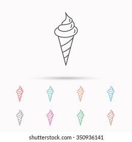 Ice cream icon. Sweet dessert in waffle cone sign. Frozen food symbol. Linear icons on white background.