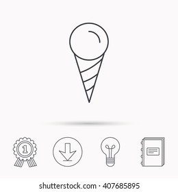 Ice cream icon. Sweet dessert in waffle cone sign. Frozen food symbol. Download arrow, lamp, learn book and award medal icons.