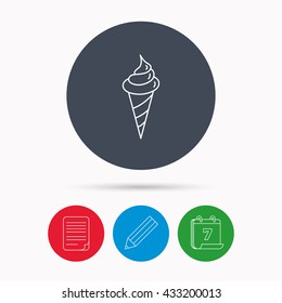 Ice cream icon. Sweet dessert in waffle cone sign. Frozen food symbol. Calendar, pencil or edit and document file signs. Vector