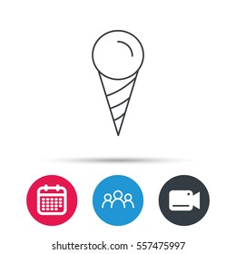 Ice cream icon. Sweet dessert in waffle cone sign. Frozen food symbol. Group of people, video cam and calendar icons. Vector