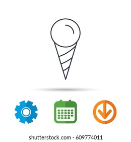 Ice cream icon. Sweet dessert in waffle cone sign. Frozen food symbol. Calendar, cogwheel and download arrow signs. Colored flat web icons. Vector