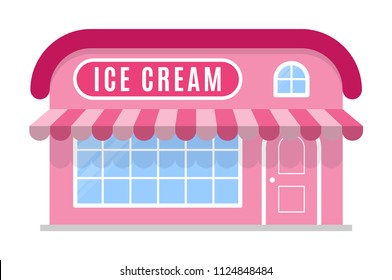 Ice cream  icon.  Symbol, shop, store. Sign in pink color . The facade of the building is in a flat style. A stylish geometric image. Vector illustration isolated on white background.