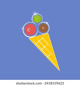 Ice cream icon with three different colored scoops in a cone outlined in white on a blue background. Vector illustration.eps