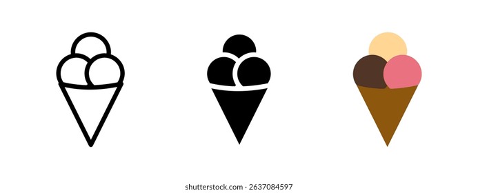 Ice cream icon. Three-scoop cone with different flavors vector illustration. Sweet frozen dessert symbol. Popular summer snack and colorful dairy treat pictogram.