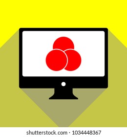 Ice cream icon. Vector. Red icon on white monitor of black all-in-one desktop computer with two shadows at yellow background.