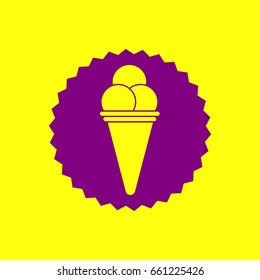 Ice cream icon. Vector. Violet label with hole as icon on yellow background.