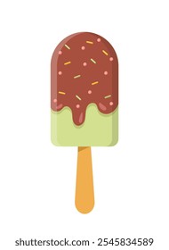 Ícone de sorvete. Sorvete na vara de madeira. Gelato com cobertura de chocolate. Sobremesa congelada e delicadeza. Elemento gráfico para site. Ilustração de vetor plano isolada no plano de fundo branco