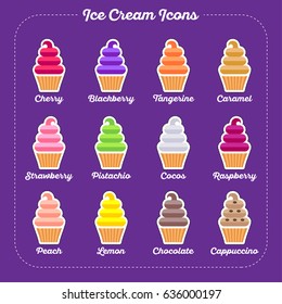 Ice cream icons. Ice cream cartoon illustration. Ice creams and letters on a violet background.