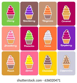 Ice cream icons. Ice cream cartoon illustration. Ice creams and letters on a color backgrounds.