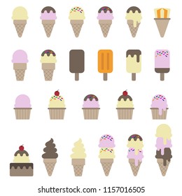 ice cream icons , ice cream cone with soft cream , scoop and ice cream bars , flat style