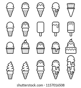 ice cream icons , ice cream cone with soft cream , scoop and ice cream bars , flat style