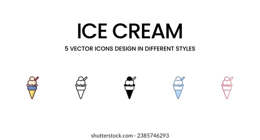 Ice Cream Icons Design in Fünf Stil mit Editable Stroke. Linie, feste, flache Linie, Duo Tone Farbe und Farbverlauf Linie. Geeignet für Webpage, Mobile App, UI, UX und GUI-Design