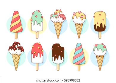 Ice cream icons of different types and shapes. Chocolate and lemon, spiral popsicle and eskimo in waffle cup. Design ice cream and popsicle in line graphic for ice cream shop. Vector illustration