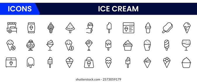 Ice cream icons frozen creamy desserts, gelato ice cream, wafer cone, caramel eskimo or chocolate glaze sundae whipped cream and fruit ice, fresh vanilla scoops