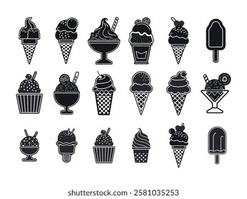 Ice cream icons of frozen creamy desserts, gelato ice cream, wafer cone, caramel eskimo or chocolate glaze sundae with nuts, whipped cream and fruit ice, fresh vanilla scoops in glass bowl