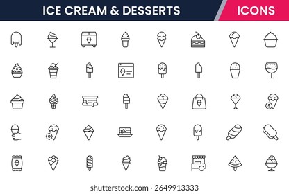 Ice cream icons frozen creamy desserts, gelato ice cream, wafer cone, caramel eskimo or chocolate glaze sundae whipped cream and fruit ice, fresh vanilla scoops