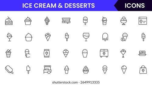 Ice cream icons frozen creamy desserts, gelato ice cream, wafer cone, caramel eskimo or chocolate glaze sundae whipped cream and fruit ice, fresh vanilla scoops
