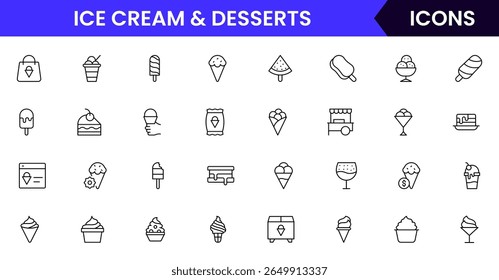 Ice cream icons frozen creamy desserts, gelato ice cream, wafer cone, caramel eskimo or chocolate glaze sundae whipped cream and fruit ice, fresh vanilla scoops