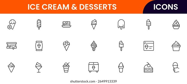 Ice cream icons frozen creamy desserts, gelato ice cream, wafer cone, caramel eskimo or chocolate glaze sundae whipped cream and fruit ice, fresh vanilla scoops