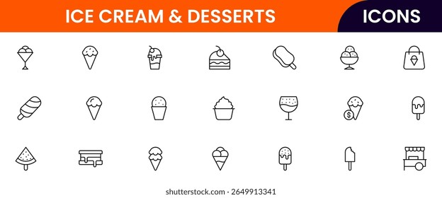 Ice cream icons frozen creamy desserts, gelato ice cream, wafer cone, caramel eskimo or chocolate glaze sundae whipped cream and fruit ice, fresh vanilla scoops