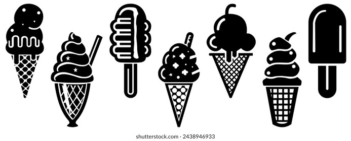 Iconos de helados, Iconos con golosinas congeladas. Concepto de delicioso helado, para el diseño.