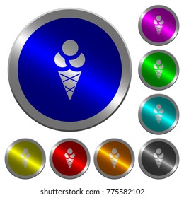 Ice cream icons on round luminous coin-like color steel buttons