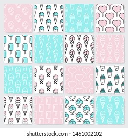 Ice cream icons seamless pattern set. Creative collection of color food shapes isolated on white, pink and blue background. Delicious hand drawn wallpaper design. 