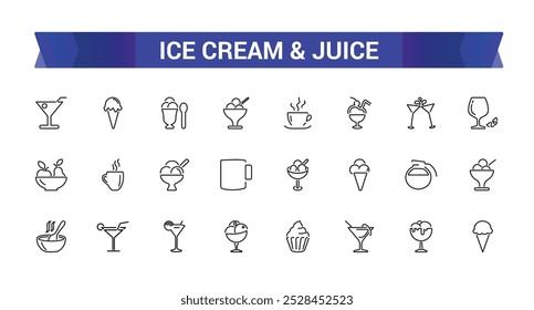 Ice cream icons set. Beverage icons pack. such as parfait, frozen, vanilla, chocolate, juice, cone, coffee, milk, dessert and more. Vector illustration.