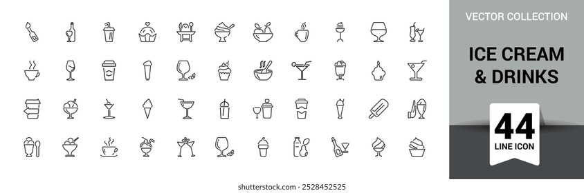 Ice cream icons set. Beverage icons pack. such as parfait, frozen, vanilla, chocolate, juice, cone, coffee, milk, dessert and more. Vector illustration.