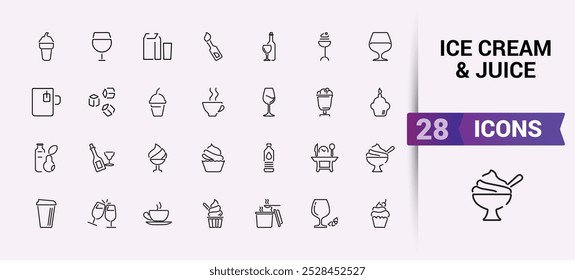 Ice cream icons set. Beverage icons pack. such as parfait, frozen, vanilla, chocolate, juice, cone, coffee, milk, dessert and more. Vector illustration.