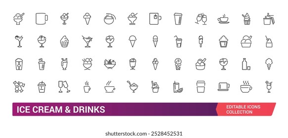 Ice cream icons set. Beverage icons pack. such as parfait, frozen, vanilla, chocolate, juice, cone, coffee, milk, dessert and more. Vector illustration.