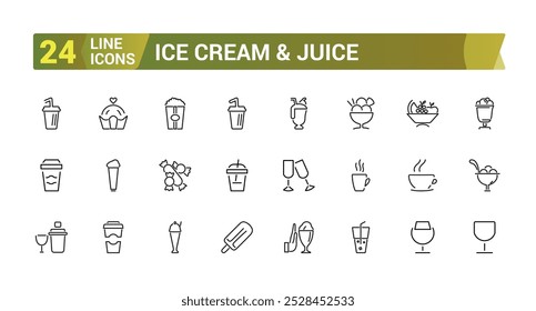 Ice cream icons set. Beverage icons pack. such as parfait, frozen, vanilla, chocolate, juice, cone, coffee, milk, dessert and more. Vector illustration.