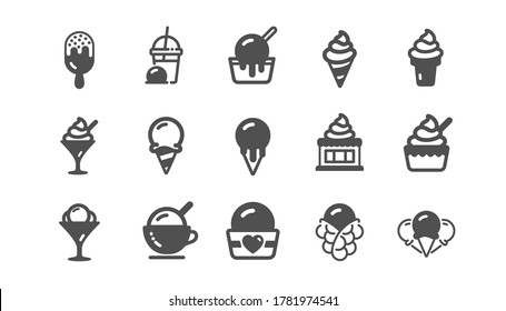 Ice cream icons set. Bubble waffle, Vanilla sundae, frozen yogurt. Sweet dessert food, milkshake with ice cream, sundae icons. Smoothie drink, frozen coffee, sorbet wafer. Quality set. Vector