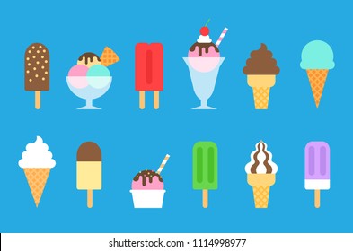 Ice cream icons set, Flat design isolated on blue background, Vector illustration