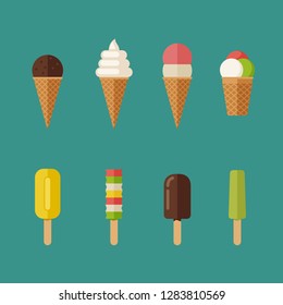 Ice cream icons set. Flat simple illustrations of Ice cream with waffle cone and ice lolly.