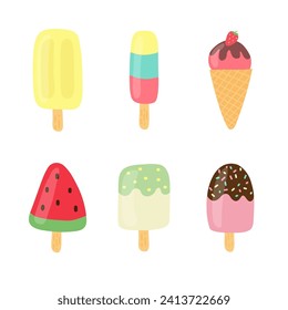 Ice cream icons set in flat cartoon style. Vector illustration isolated on white background.