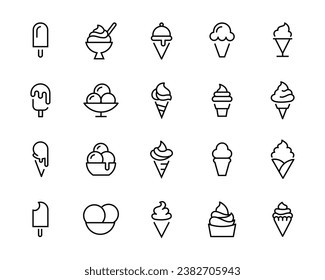 Ice cream icons set isolated on background. Dessert icecream  editable stroke linear vector outline illustration, symbol logo design style