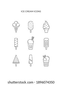 Ice cream icons set in a linear style. Collection of icons for web design and mobile applications. Modern pictograms isolated on white background. Popsicle, waffle cone, frozen yogurt. Vector, eps 10