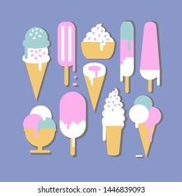 Ice cream icons set.  Ice cream melts, waffle cone, ice cream on a stick.