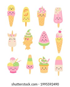 Ice cream icons set. Pastel colors. Funny smile faces. Kawaii cartoon style. Perfect for stickers or baby prints. Vector illustration.