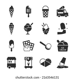 Ice cream icons set. ice cream products of different shapes.  Waffle cone, on a stick, ball. Monochrome black and white icon.