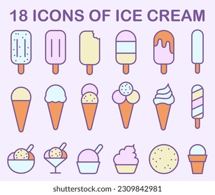 Ice cream icons set. Simple colored symbols of different types of frozen milk dessert. Summer sweet in a waffle cone, bowl or ice lolly. Flat vector illustration