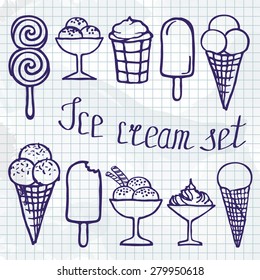 Ice cream icons set in sketch style. Hand drawn vector illustrations