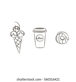 Ice cream icons set in sketch style. Ice cream logo doodle collection. Hand drawn vector illustration. Coffee dessert