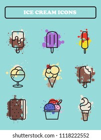 Ice cream icons set with splashes and thick line.