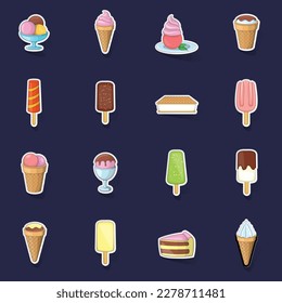 Ice cream icons set stikers collection vector with shadow on purple background