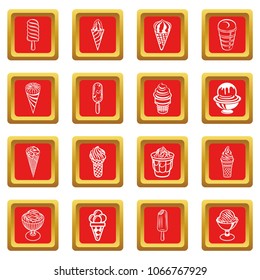 Ice cream icons set vector red square isolated on white background 