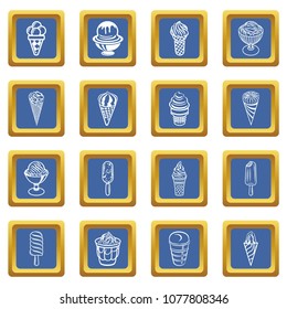 Ice cream icons set vector blue square isolated on white background 