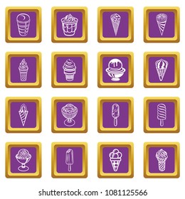 Ice cream icons set vector purple square isolated on white background 